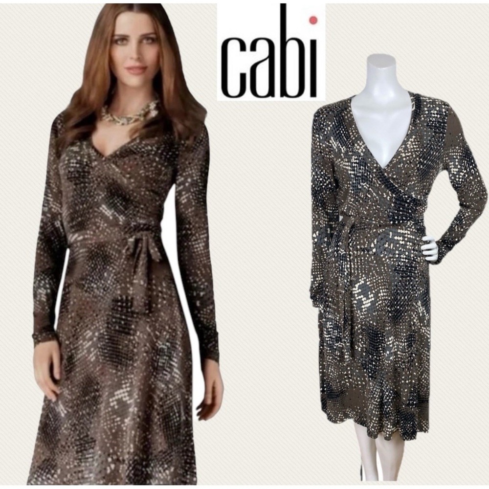 CABI Dappled Dots Faux Wrap Midi Dress Long Sleeves‎ Belt Stretchy - Size Medium